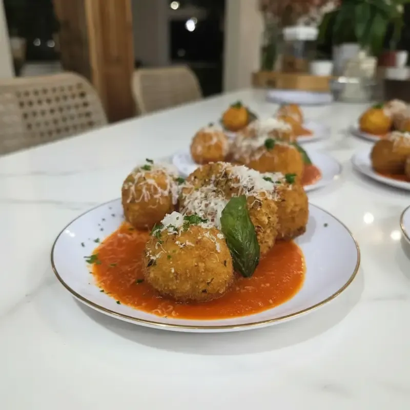 Handmade crispy arancini with house marinara by Chef Matt