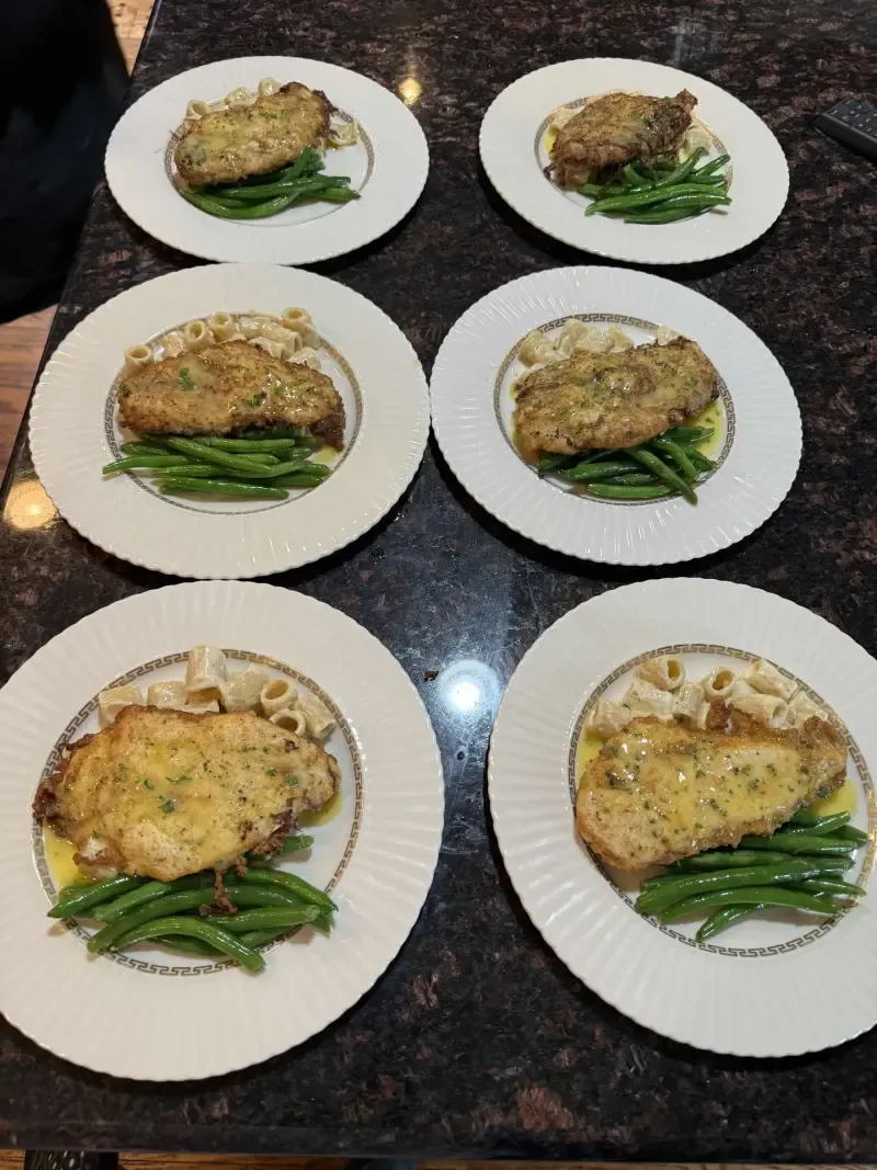 Chicken francese with green beans and penne pasta by Chef Matt