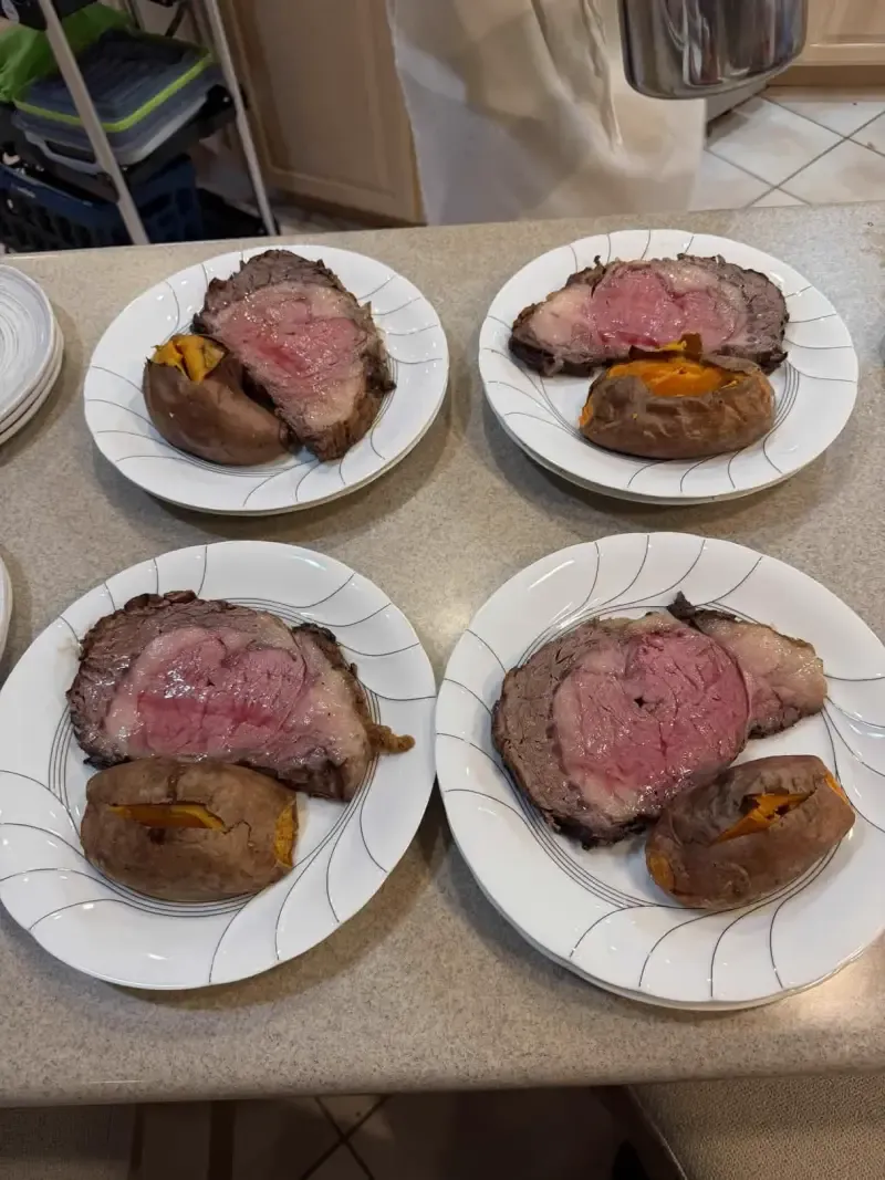 Slow-roasted prime rib with baked sweet potato by personal chef in South Jersey